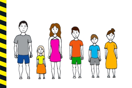 Rysunek: stojąca grupa kolorowo ubranych osób