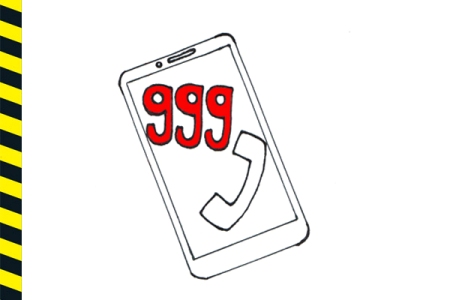 Rysunek: ekran telefonu, na którym widać czerwoną cyfrę 999