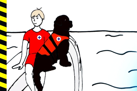 Rysunek: ratownik z czarnym psem-pomocnikiem podczas patrolu na wodzie