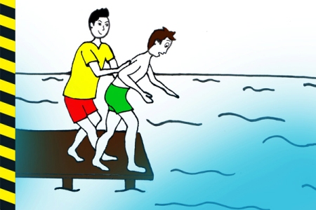 Rysunek: dwie osoby na skraju molo. Jedna próbuje wepchnąć drugą do wody
