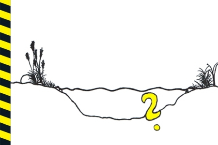 Rysunek: duży żółty znak zapytania na tle zbiornika wodnego