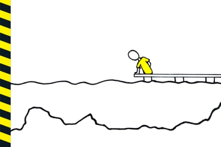 Rysunek: chłopiec w żółtej koszulce siedzi na skraju molo i spogląda na wodę
