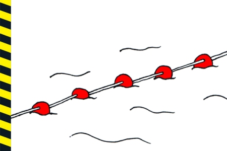 Rysunek: sznur czerwonych bojek pływający na wodzie