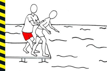 Rysunek: dwie osoby na skraju molu, jedna próbuje wepchnąć drugą do wody