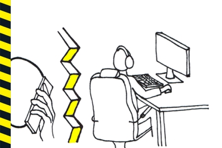 Rysunek: z lewej strony - rysunek osoby z telefonem przy uchu; z prawej - konsultant siedzi w słuchawkach przed komputerem