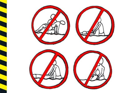 Rysunek: cztery znaki zakazu pokazujące czego nie wolno robić nad wodą